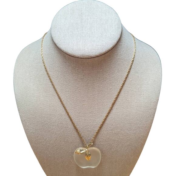 Vintage Gold Tone Avon Clear Frosted Glass Apple Pendant 28" Necklace - Picture 3 of 6